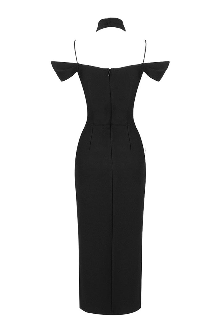 Bandage Halter Deep V-Neck Cold Shoulder High Split Midi Dress
