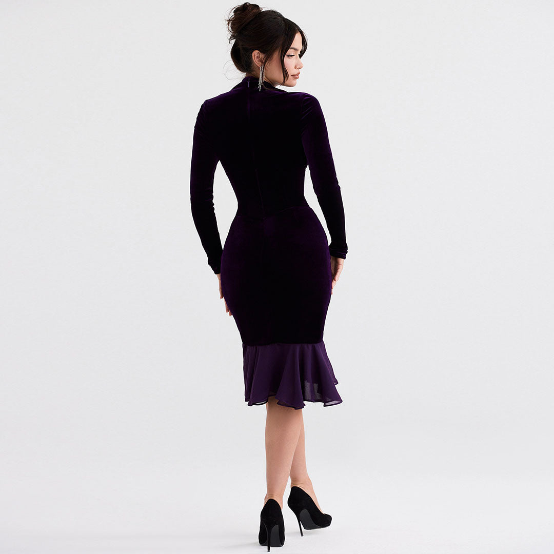 Velvet Deep V-Neck Long Sleeve Corset Ruffle Hem High Low Midi Dress 3