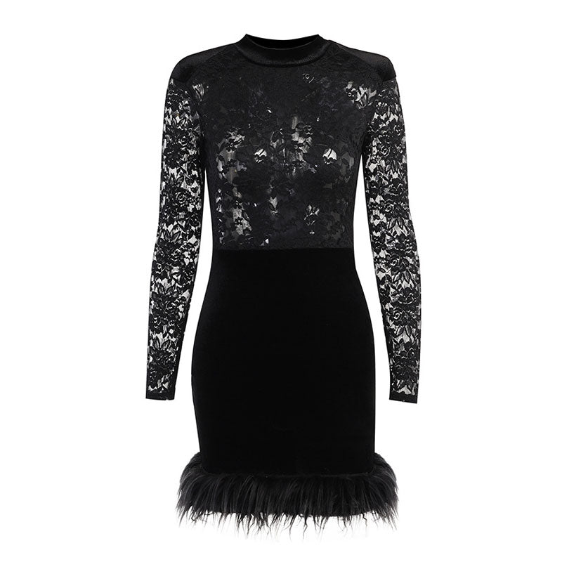 Lace High Neck Long Sleeve Feather Trim Mini Dress