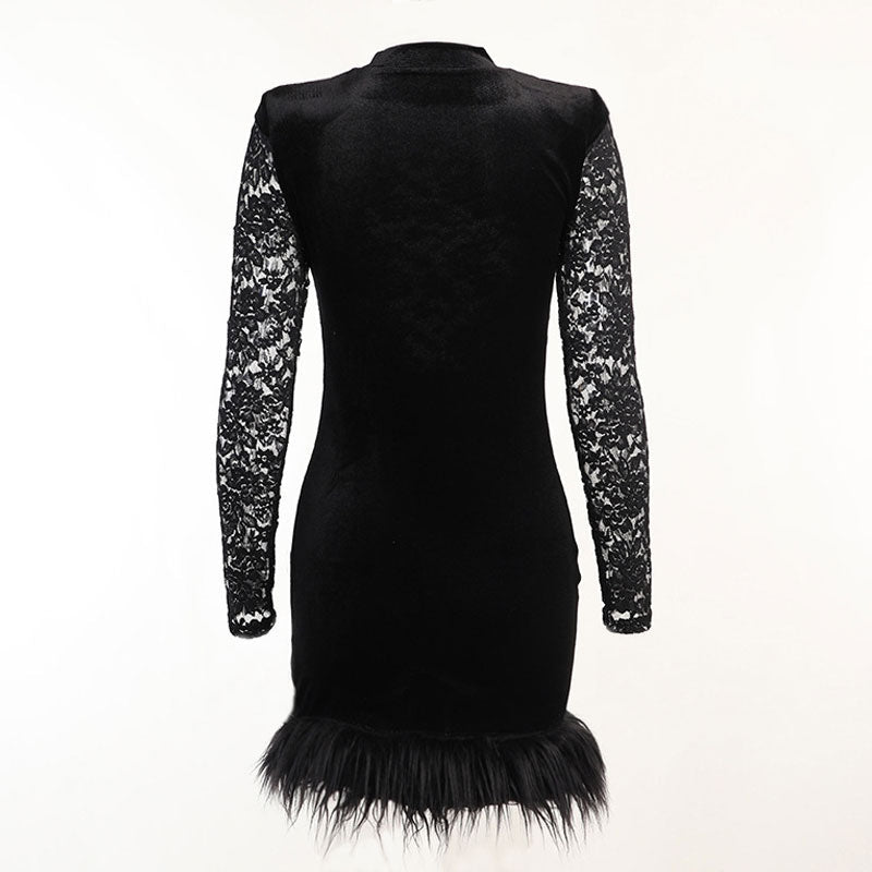 Lace High Neck Long Sleeve Feather Trim Mini Dress