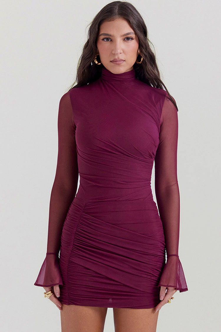Mesh High Neck Long Sleeve Ruched Bodycon Mini Dress
