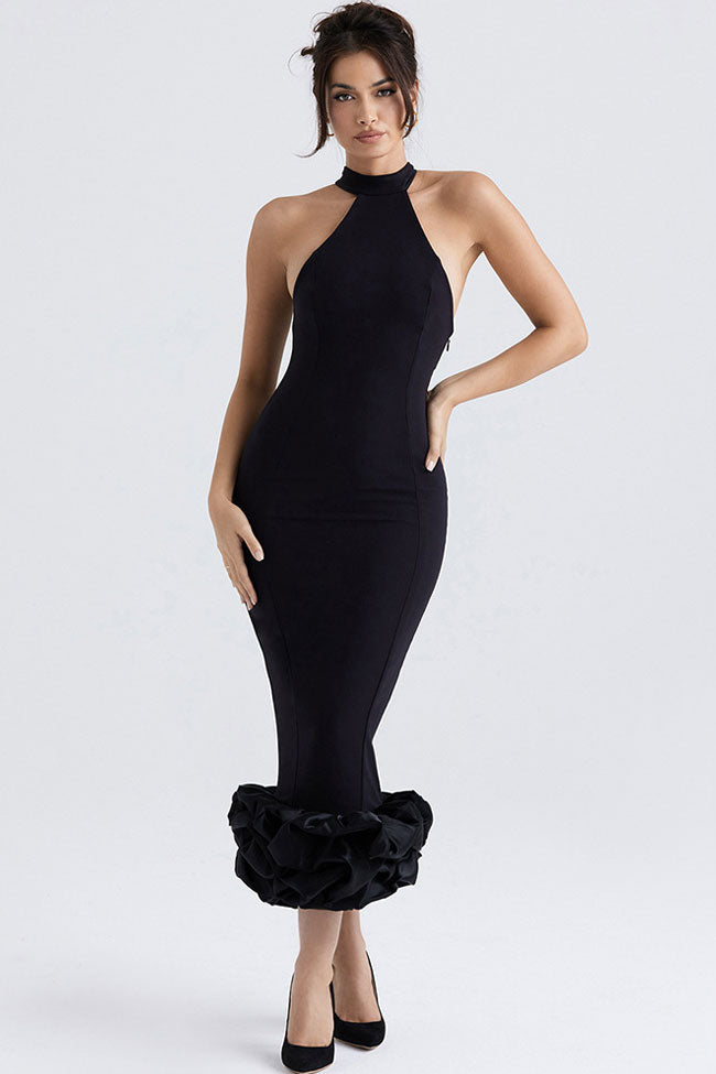 Halter Neck Sleeveless Ruffle Hem Bodycon Midi Cocktail Dress