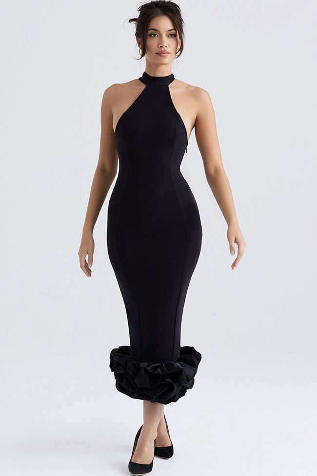 High Neck Sleeveless Ruffle Hem Bodycon Midi Dress