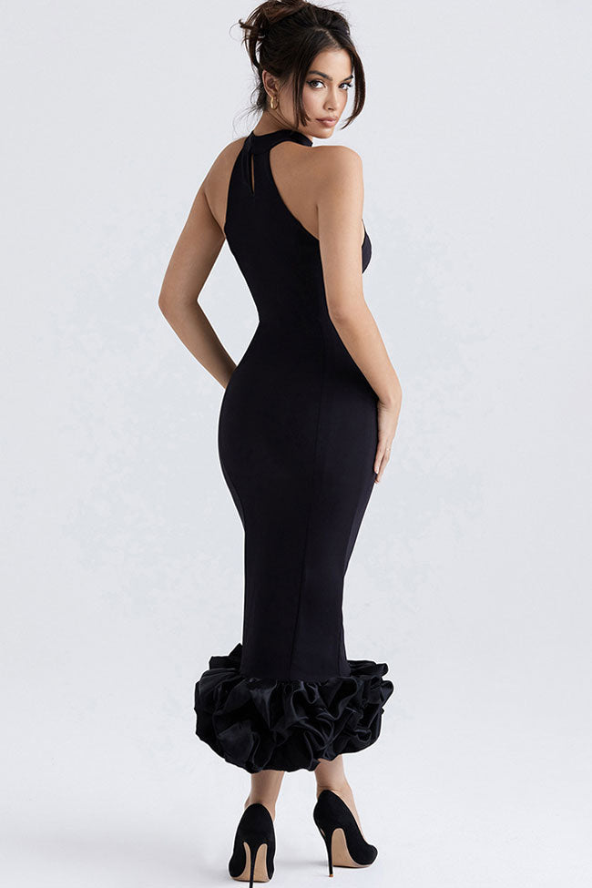Halter Neck Sleeveless Ruffle Hem Bodycon Midi Cocktail Dress