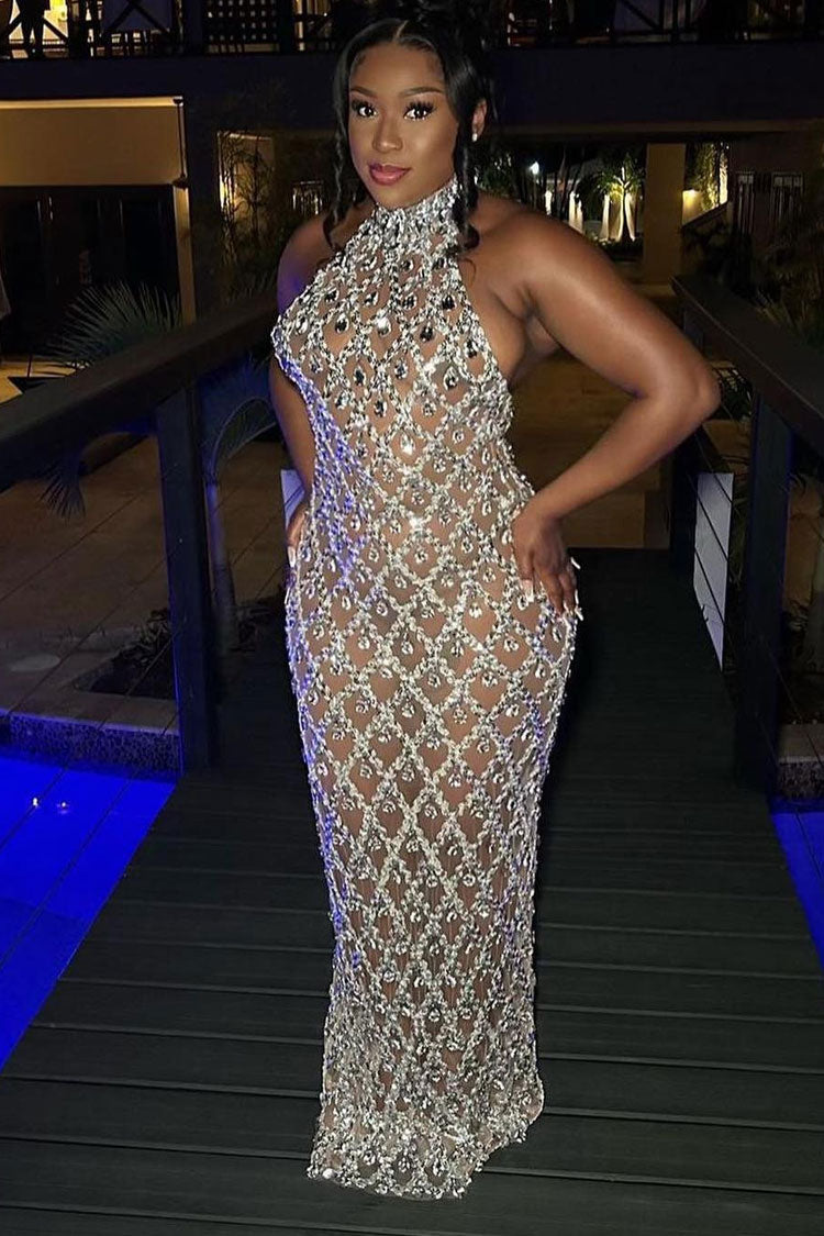 Rhinestone High Neck Sleeveless Sheer Mesh Bodycon Maxi Dress