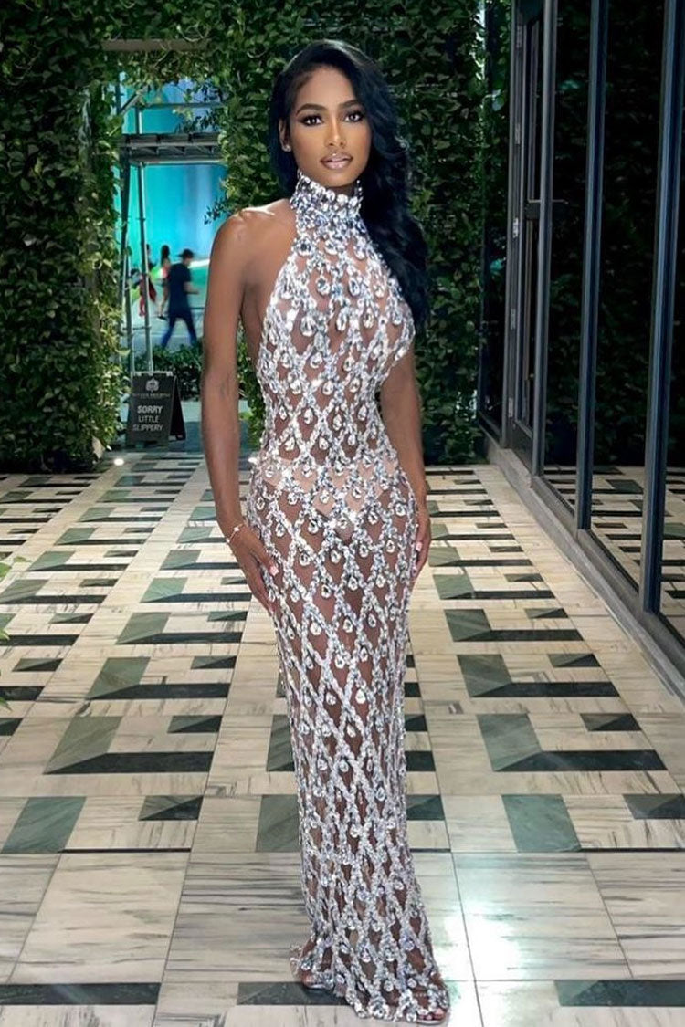 Rhinestone High Neck Sleeveless Sheer Mesh Bodycon Maxi Dress