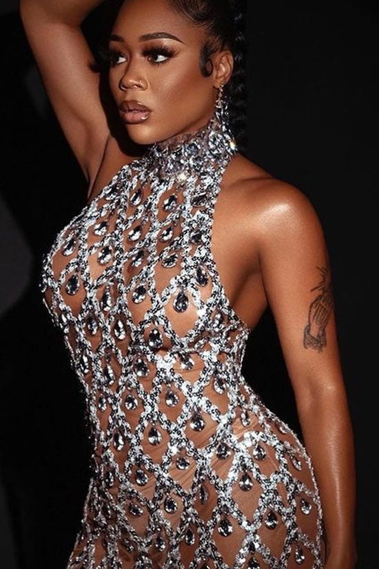 Rhinestone High Neck Sleeveless Sheer Mesh Bodycon Maxi Dress
