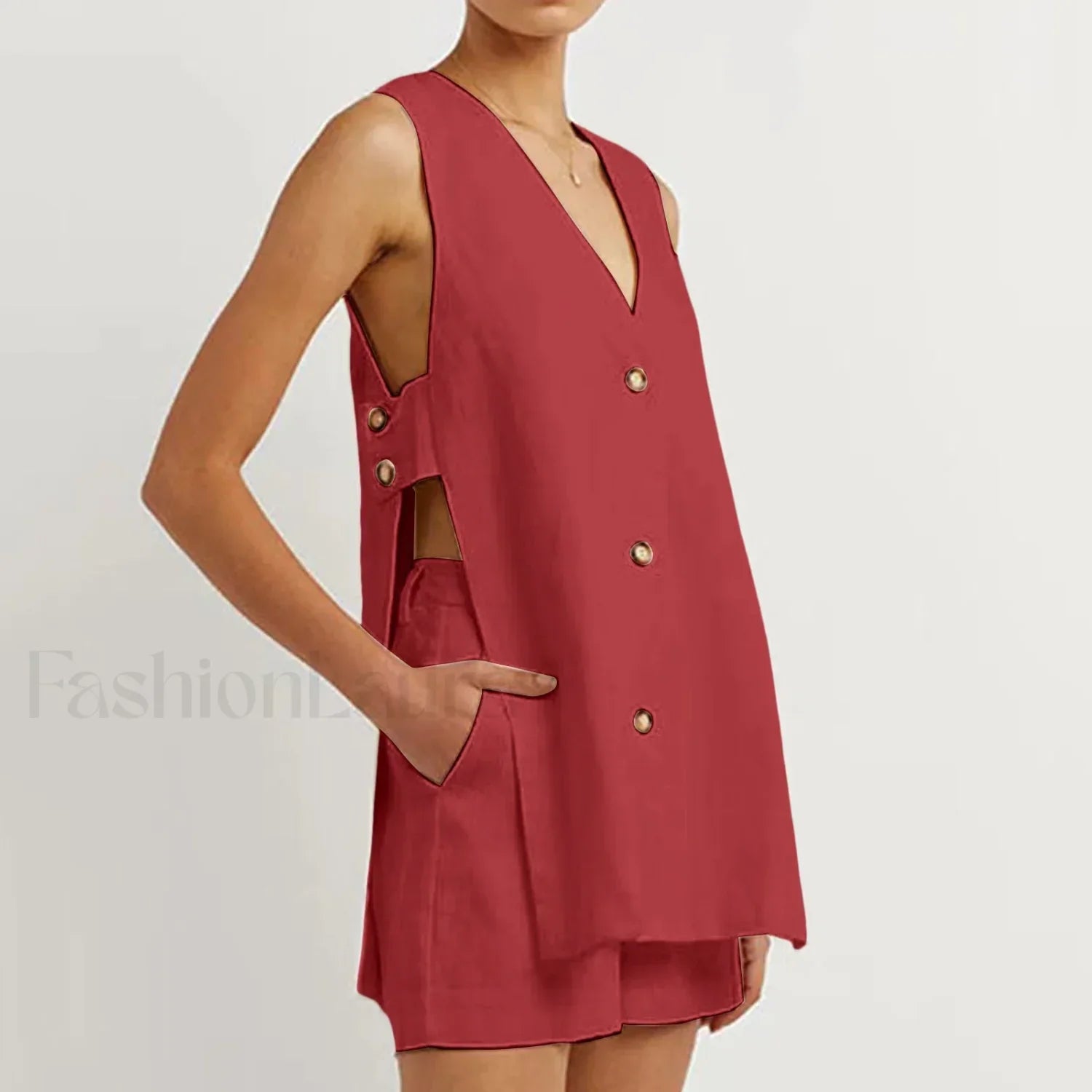 Sexy Hollow Button Shorts Two Piece Set Burgundy / S
