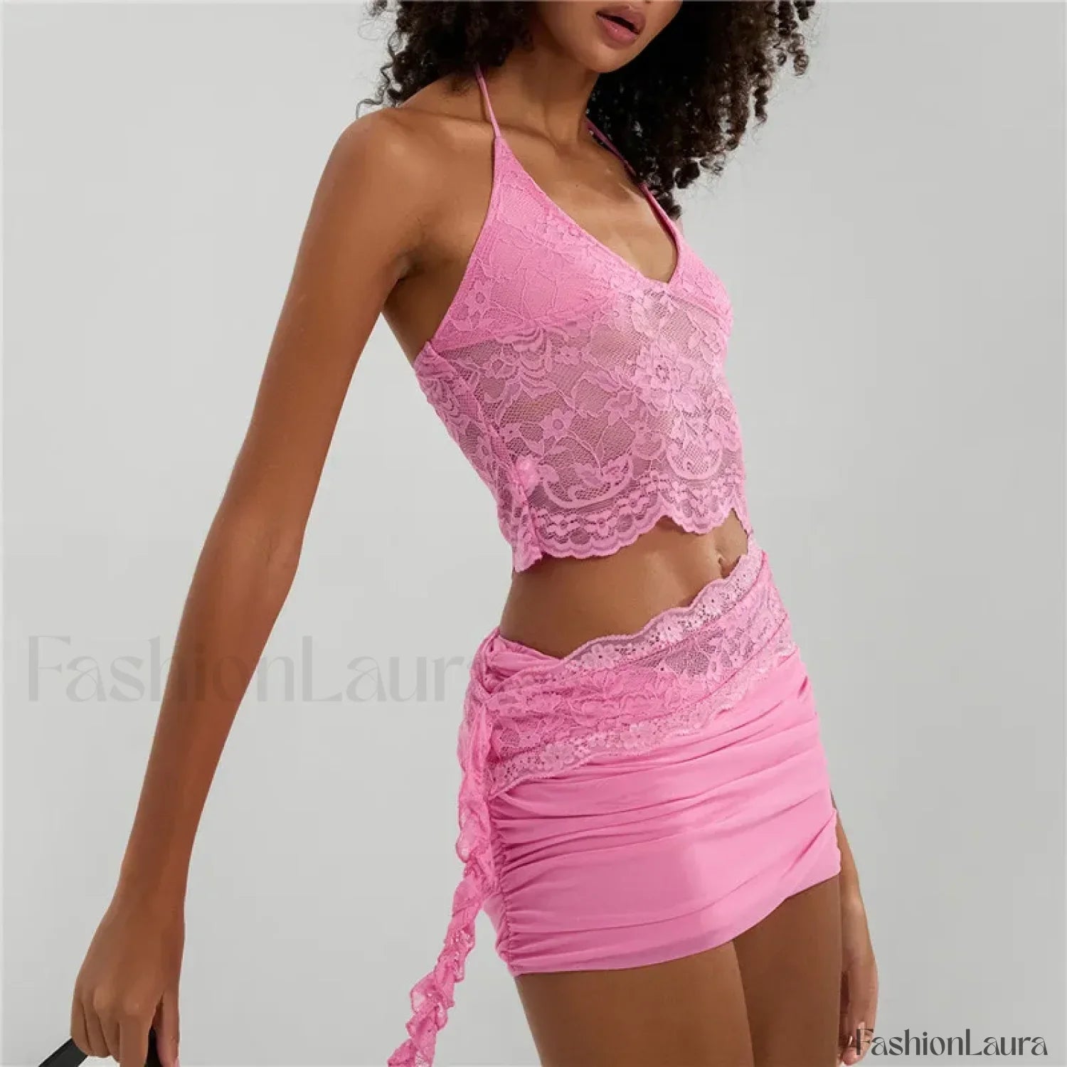 Sexy Lace Halter Backless Crop Top Mini Skirt Two Piece Set