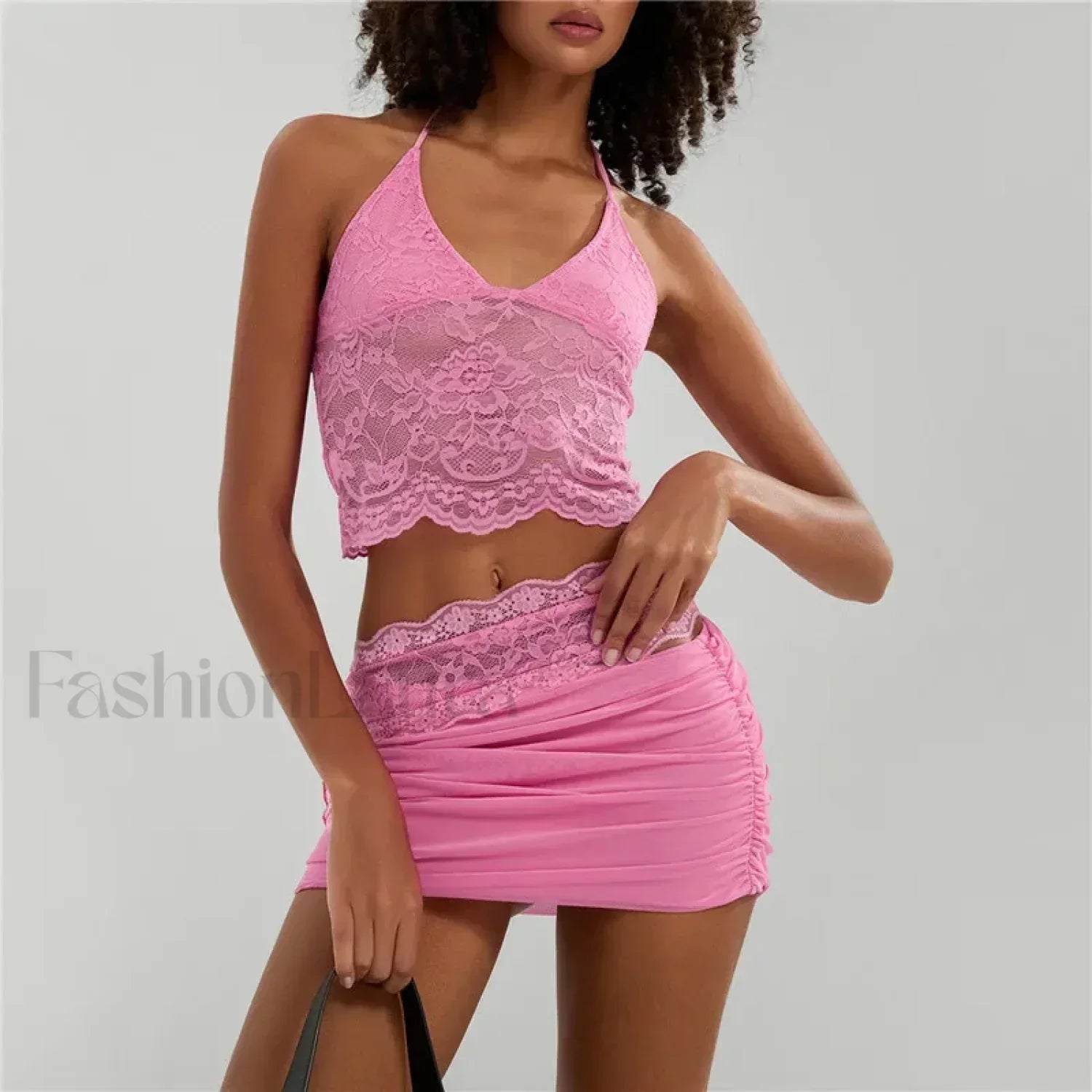 Sexy Lace Halter Backless Crop Top Mini Skirt Two Piece Set