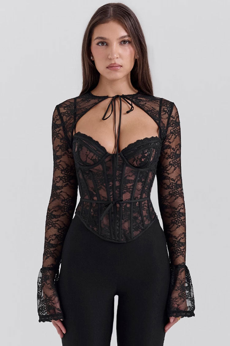 Sexy Lace Long Sleeve Bolero Bustier Corset Cinch Waist Party Crop Top
