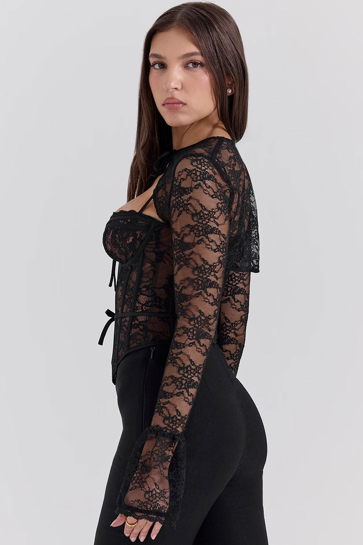Sexy Lace Long Sleeve Bolero Bustier Corset Cinch Waist Party Crop Top