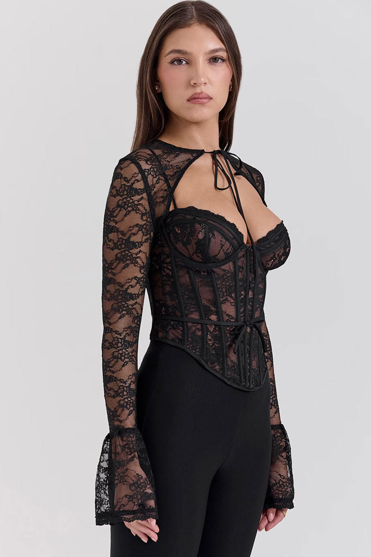 Sexy Lace Long Sleeve Bolero Bustier Corset Cinch Waist Party Crop Top
