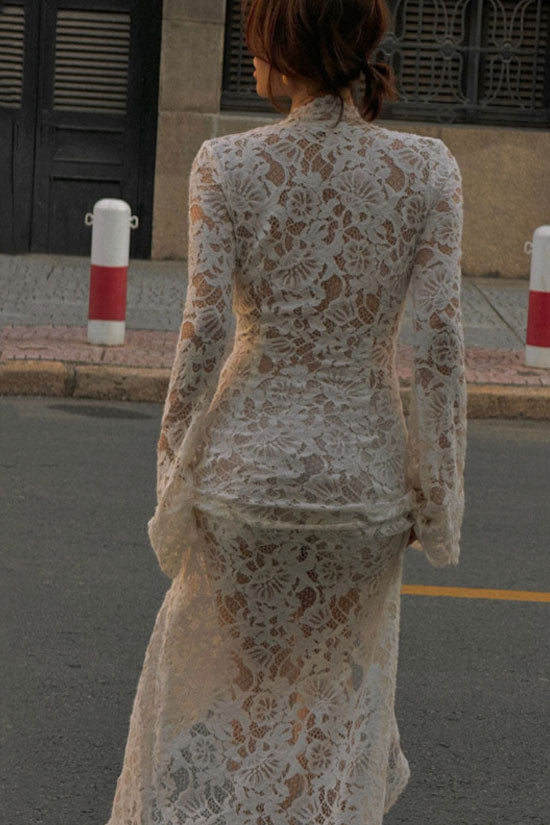 Sexy Lace Up Scalloped Plunge Long Sleeve Sheer Lace Maxi Dress