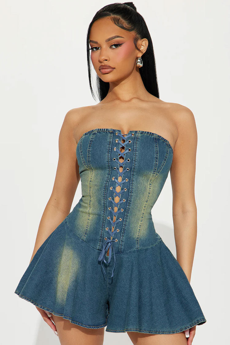 Sexy Lace Up Tie Front Strapless Ruffle Drop Waist Washed Denim Mini Dress