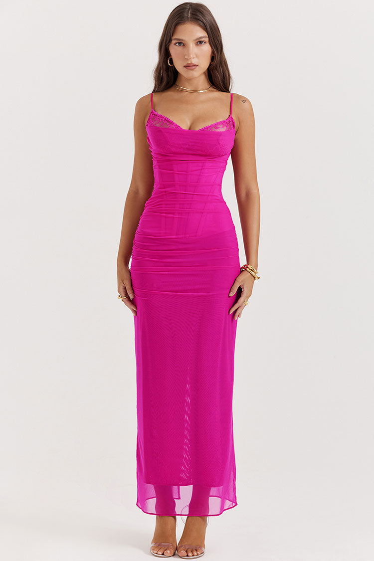 Spaghetti Strap Lace Trim Ruched Mesh Bodycon Maxi Dress