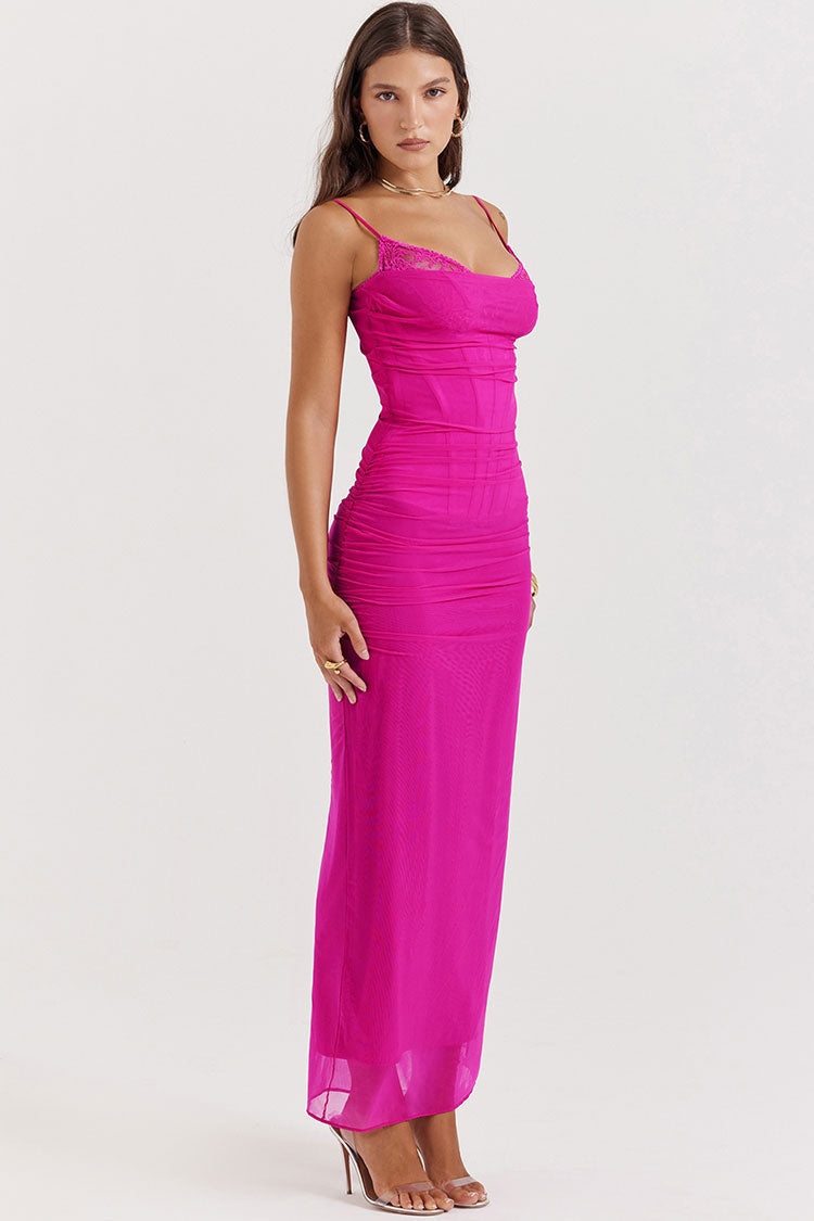 Spaghetti Strap Lace Trim Ruched Mesh Bodycon Maxi Dress