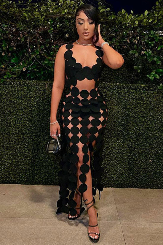 Stylish Laser Cut Sleeveless Cutout Multi Circle Fringe Sheer Maxi Dress - Black