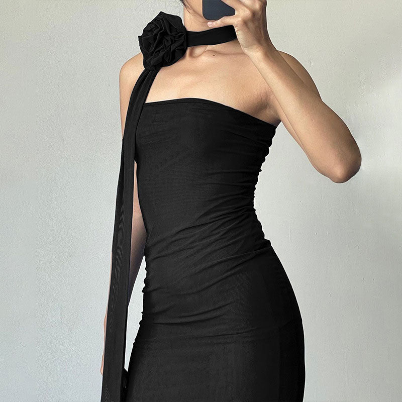 Mesh Strapless 3D Rose Choker High Split Bodycon Midi Dress