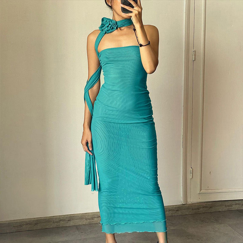 Mesh Strapless 3D Rose Choker High Split Bodycon Midi Dress