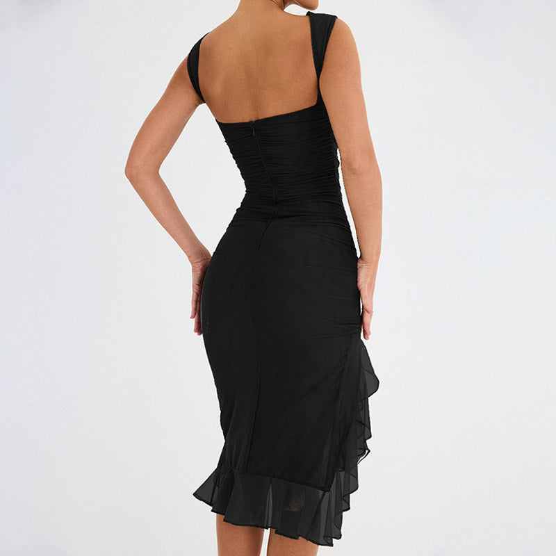 Mesh Ruffle Crew Neck Sleeveless Bodycon Cocktail Midi Dress in Black - View 2