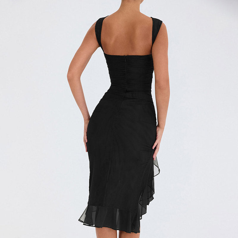Mesh Ruffle Crew Neck Sleeveless Bodycon Cocktail Midi Dress in Black - View 3