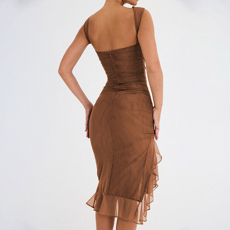 Mesh Ruffle Crew Neck Sleeveless Bodycon Cocktail Midi Dress in Brown - View 3