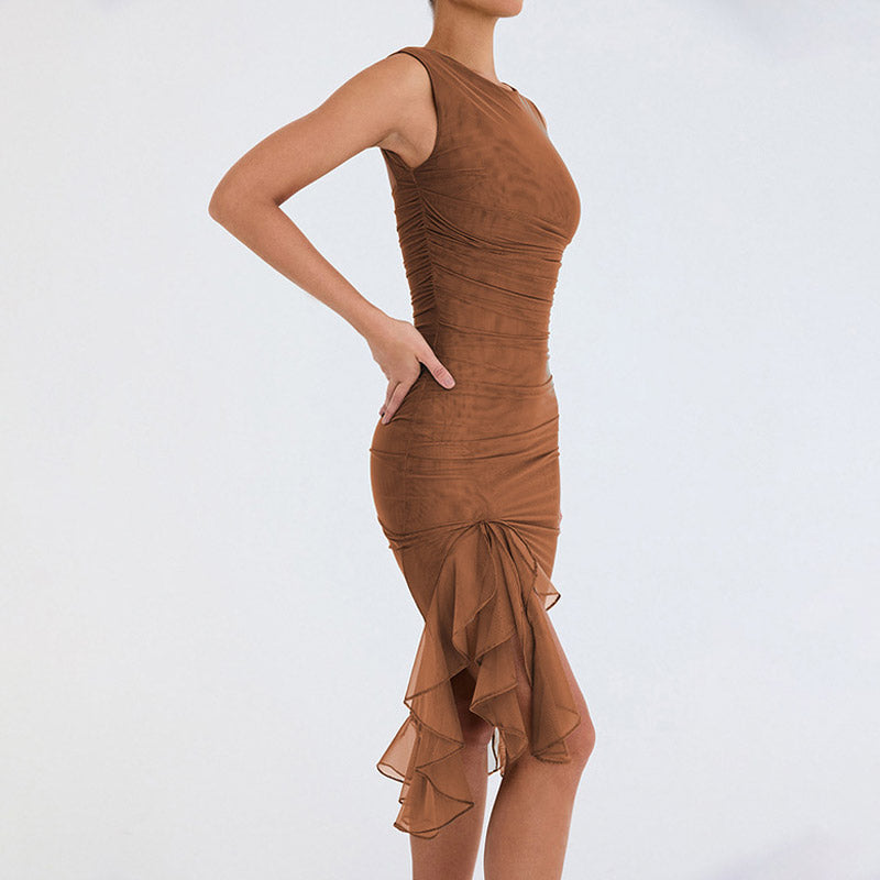 Mesh Ruffle Crew Neck Sleeveless Bodycon Cocktail Midi Dress in Brown - View 2