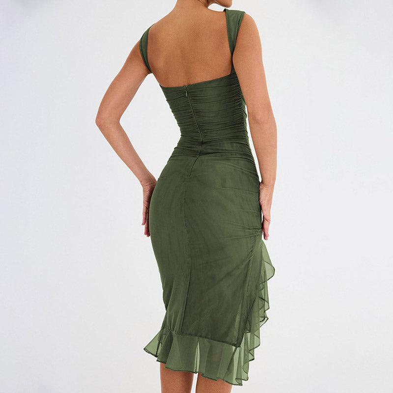 Mesh Ruffle Crew Neck Sleeveless Bodycon Cocktail Midi Dress