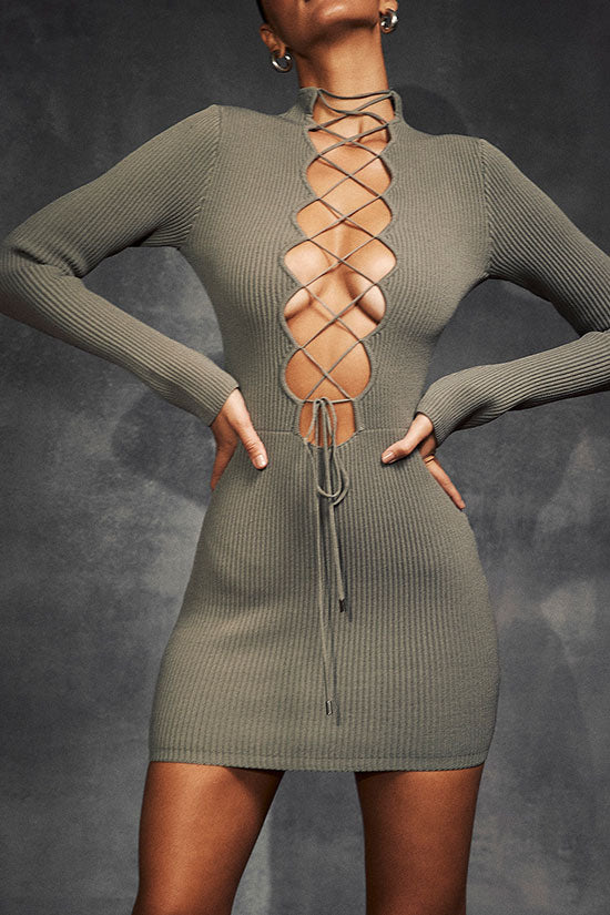 Ribbed Knit Mock Neck Long Sleeve Lace Up Bodycon Mini Dress