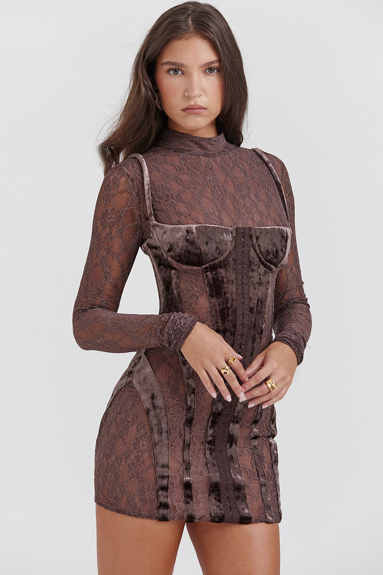 Velvet Mock Neck Long Sleeve Sheer Lace Corset Bodycon Mini Dress