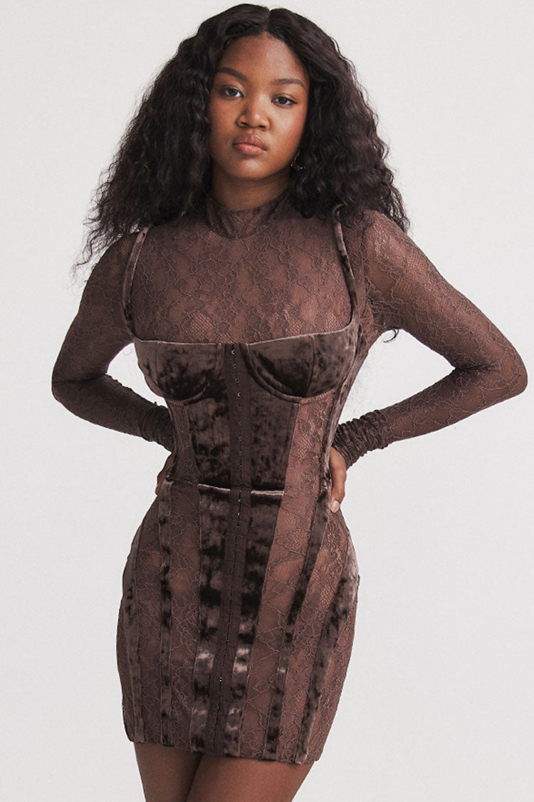 Velvet Mock Neck Long Sleeve Sheer Lace Corset Bodycon Mini Dress