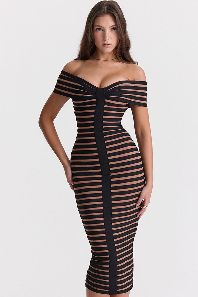 Off Shoulder Sheer Striped Bandage Bodycon Cocktail Midi Dress