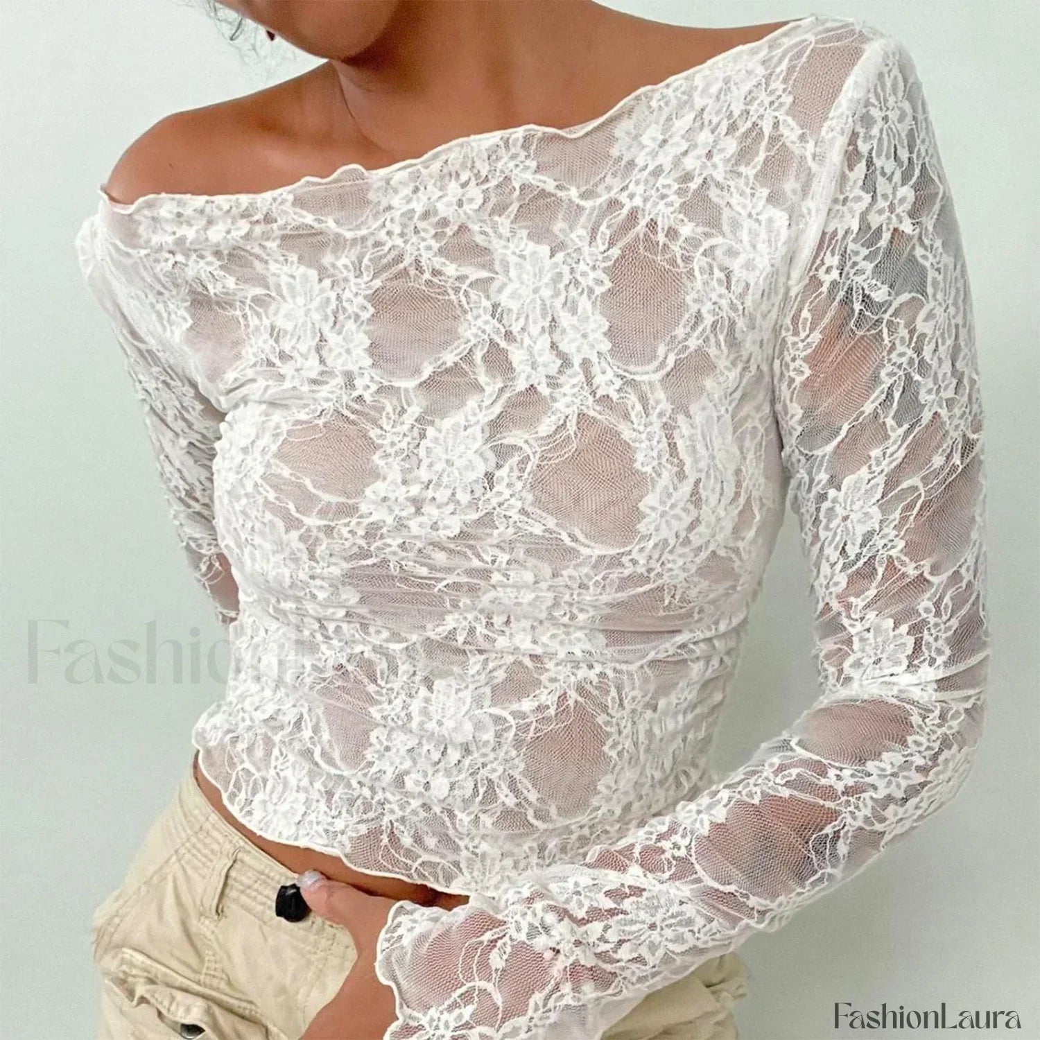 Sexy Off-Shoulder See-Through Lace Long Sleeve Crop Top