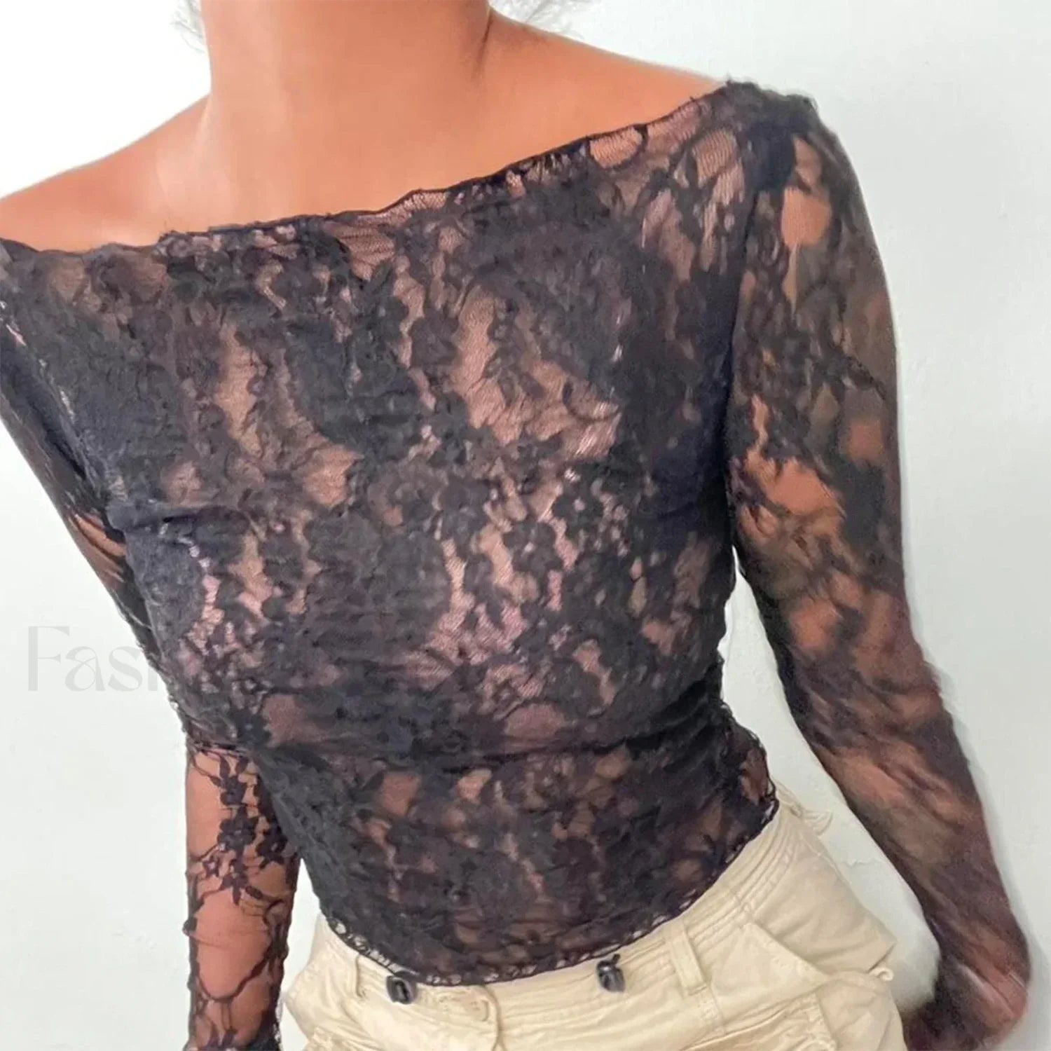Sexy Off-Shoulder See-Through Lace Long Sleeve Crop Top