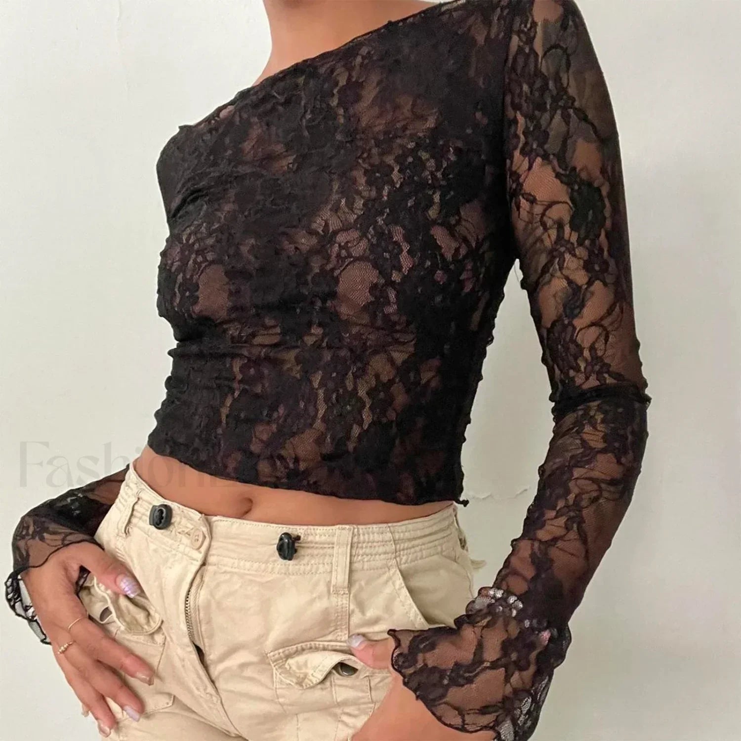 Sexy Off-Shoulder See-Through Lace Long Sleeve Crop Top