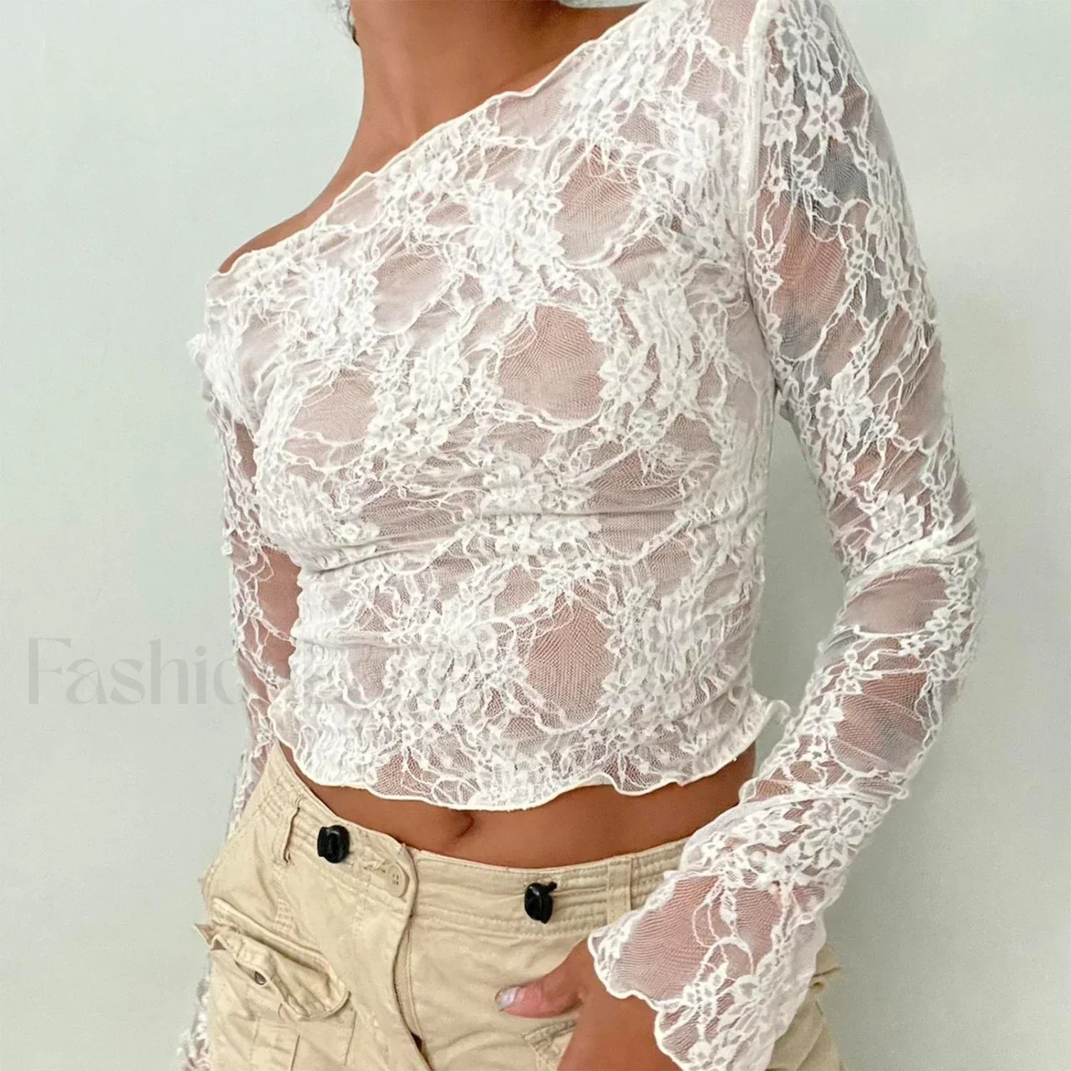 Sexy Off-Shoulder See-Through Lace Long Sleeve Crop Top