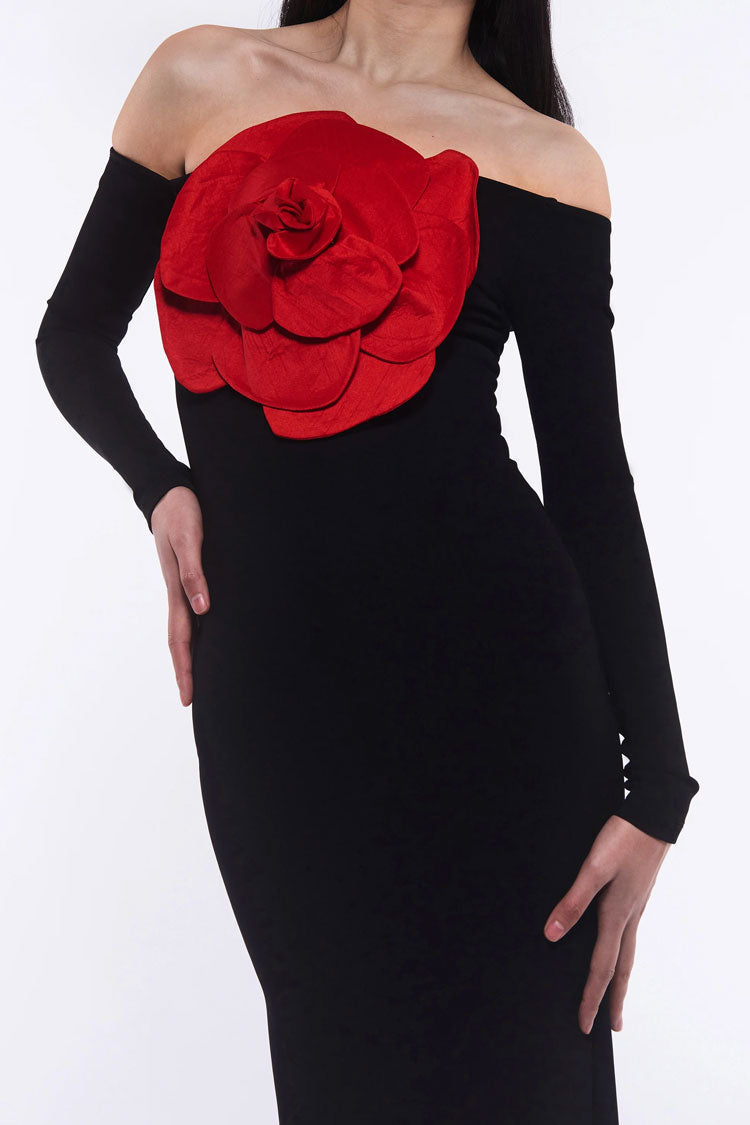 Off Shoulder Long Sleeve Rosette Bodycon Maxi Dress