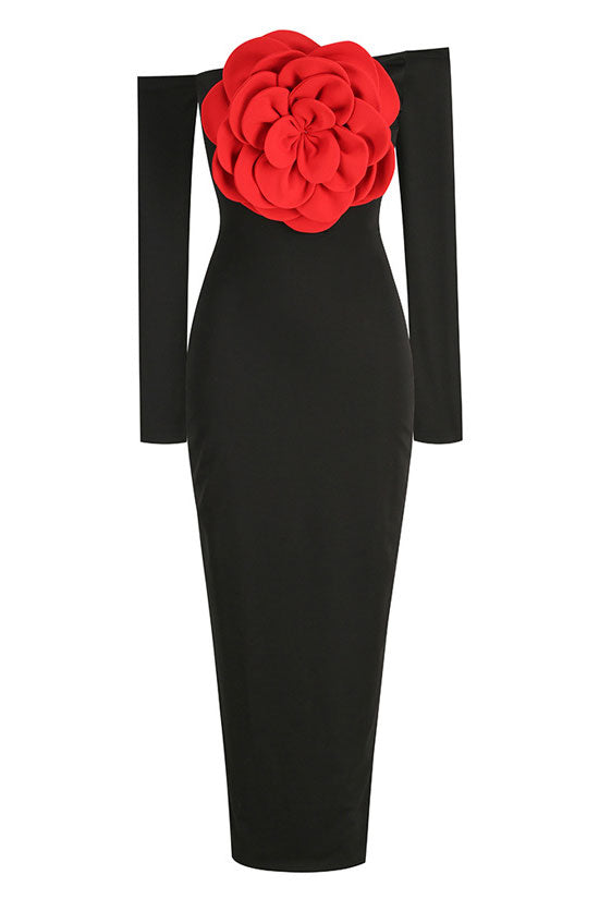 Off Shoulder Long Sleeve Rosette Bodycon Maxi Dress