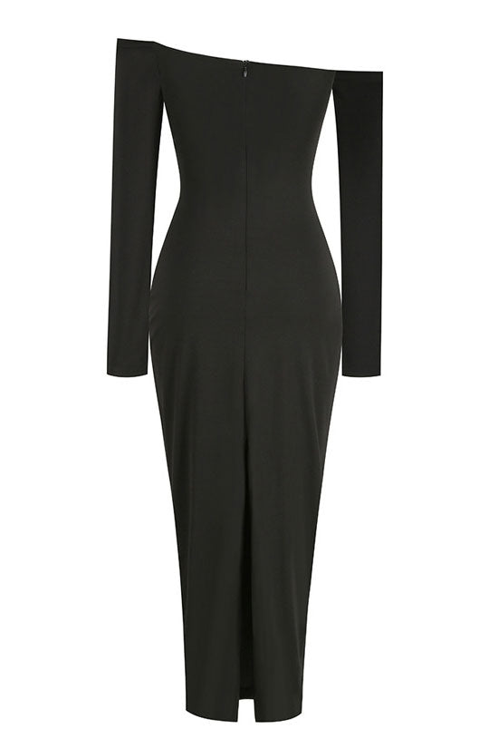 Off Shoulder Long Sleeve Rosette Bodycon Maxi Dress