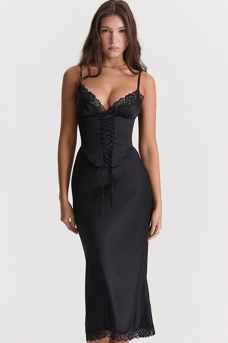 Satin V-Neck Lace Trim Lace Up Corset Slip Midi Dress