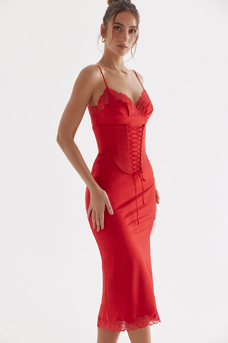 Satin Spaghetti Strap Lace Trim Lace Up Corset Slip Midi Dress