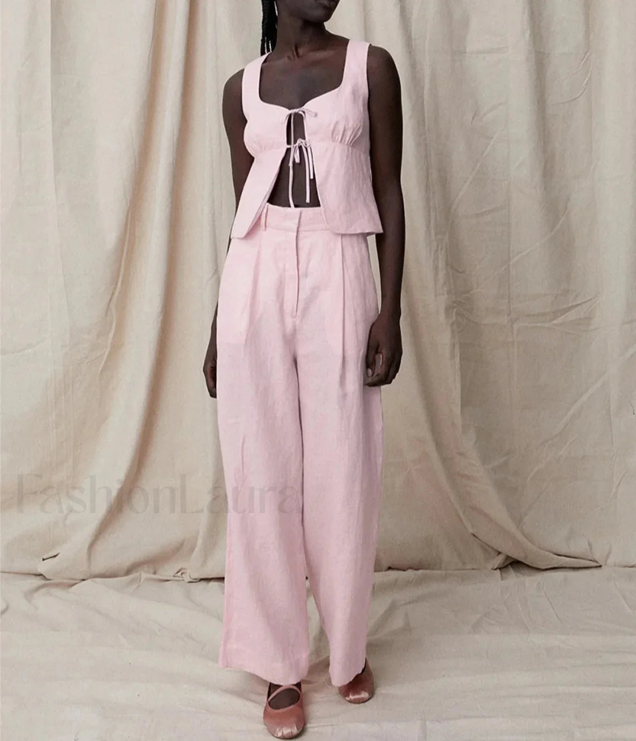 Sexy Pink Cotton Tank Wide Two Piece Set Pink / S