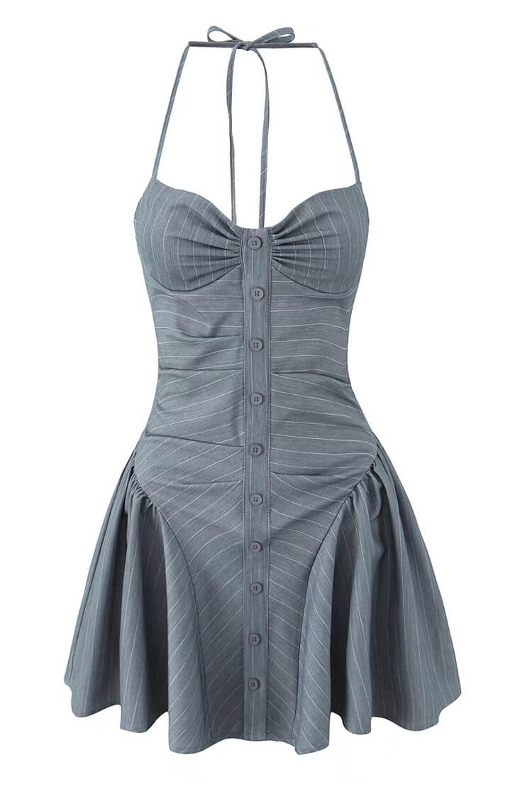 Sexy Pinstripe Print Halter Ruched Bustier Button Drop Waist Party Mini Dress