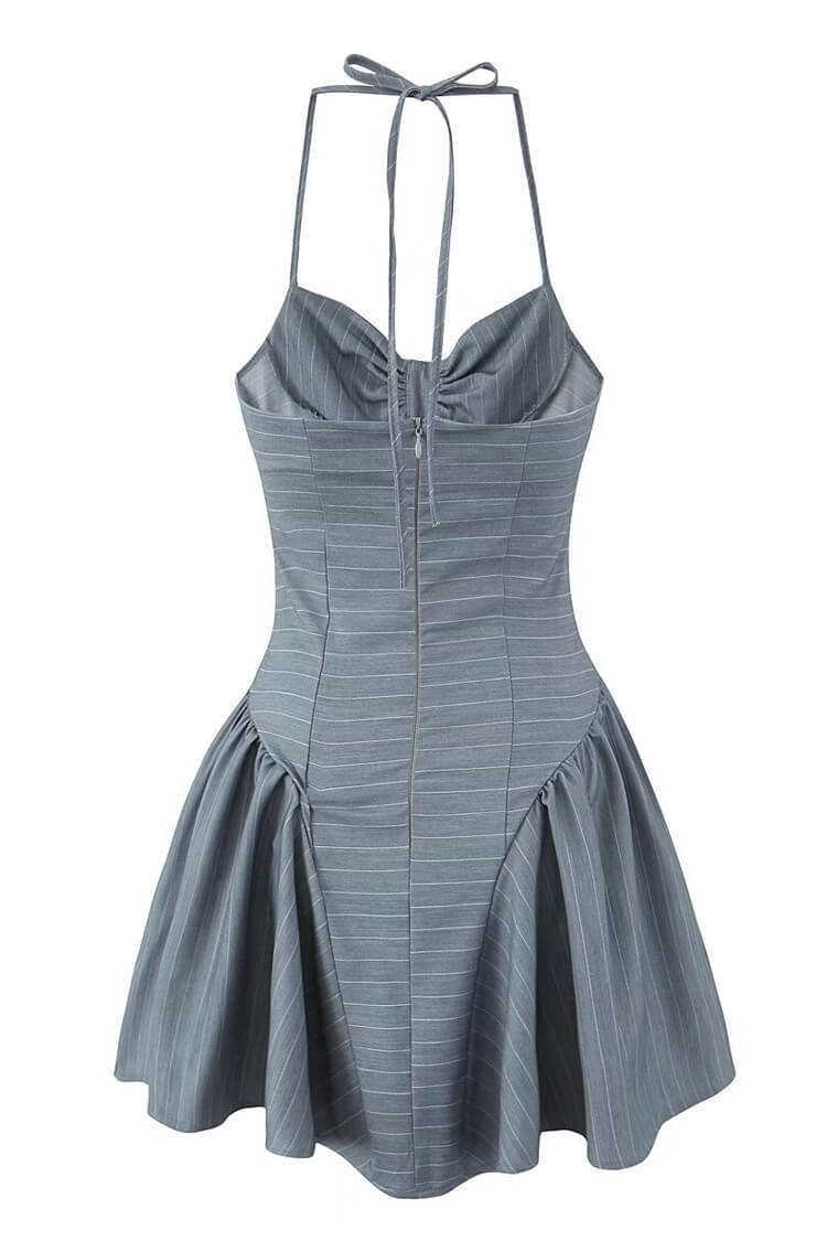Sexy Pinstripe Print Halter Ruched Bustier Button Drop Waist Party Mini Dress