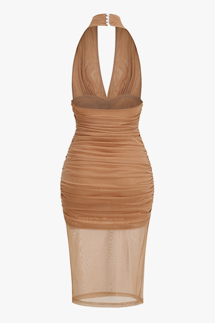 Sexy Plunge Halter Ruffled Ruched Sheer Mesh Cocktail Midi Dress