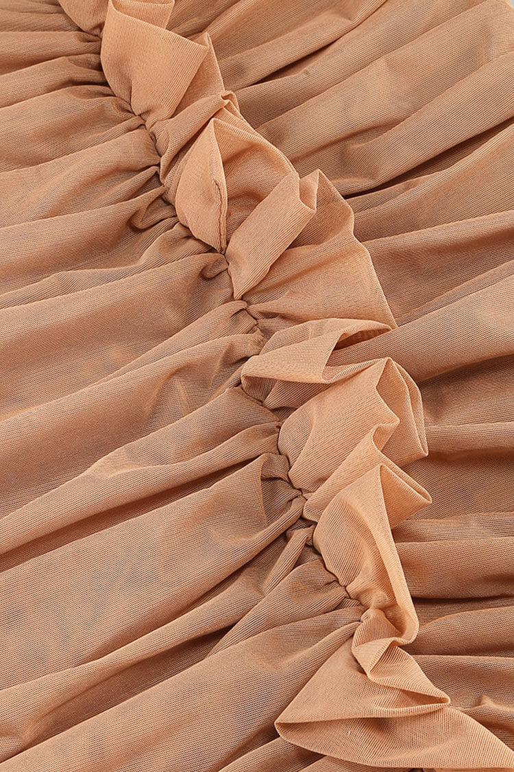 Sexy Plunge Halter Ruffled Ruched Sheer Mesh Cocktail Midi Dress