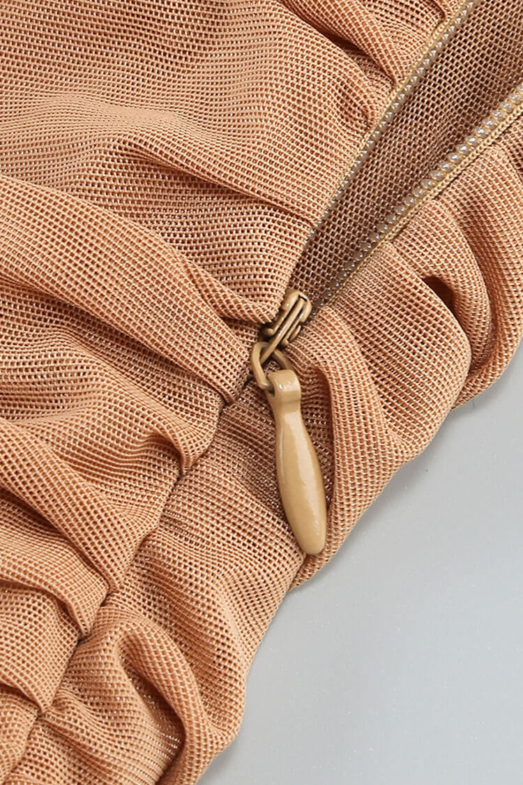 Sexy Plunge Halter Ruffled Ruched Sheer Mesh Cocktail Midi Dress