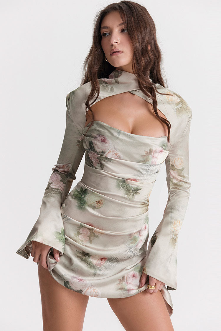 Floral Satin High Neck Cut Out Long Sleeve Ruched Mini Dress