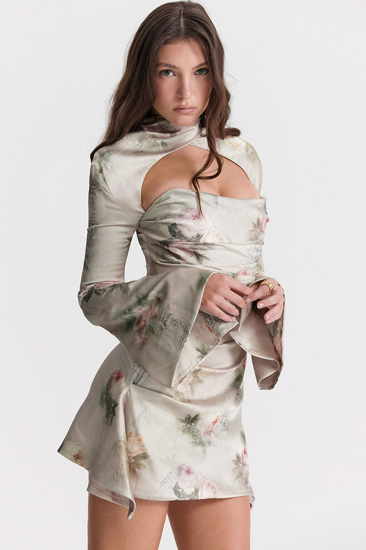 Floral Satin High Neck Cut Out Long Sleeve Ruched Mini Dress
